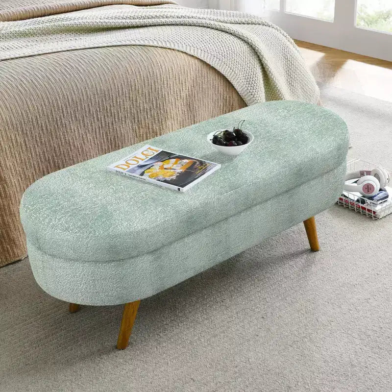 Banc de rangement capitonné ovale avec pieds en bois d'hévéa, Pouf d'entrée moderne
