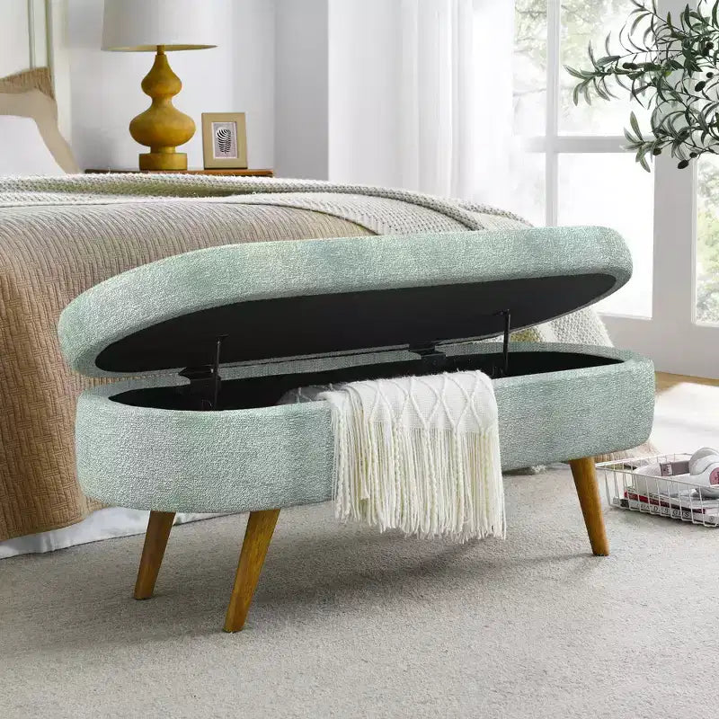 Banc de rangement capitonné ovale avec pieds en bois d'hévéa, Pouf d'entrée moderne