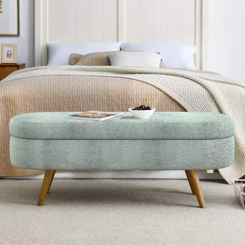Banc de rangement capitonné ovale avec pieds en bois d'hévéa, Pouf d'entrée moderne