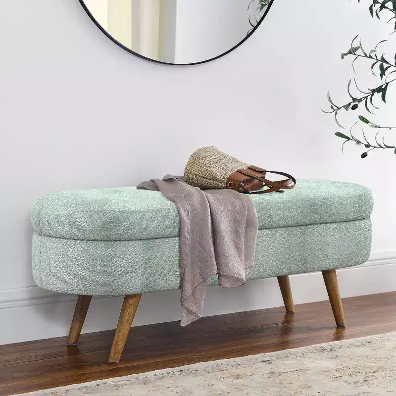 Oval Upholstered Storage Bench with Rubber Wood Legs, Modern Entryway Ottoman for Living Room Hallway Bedroom