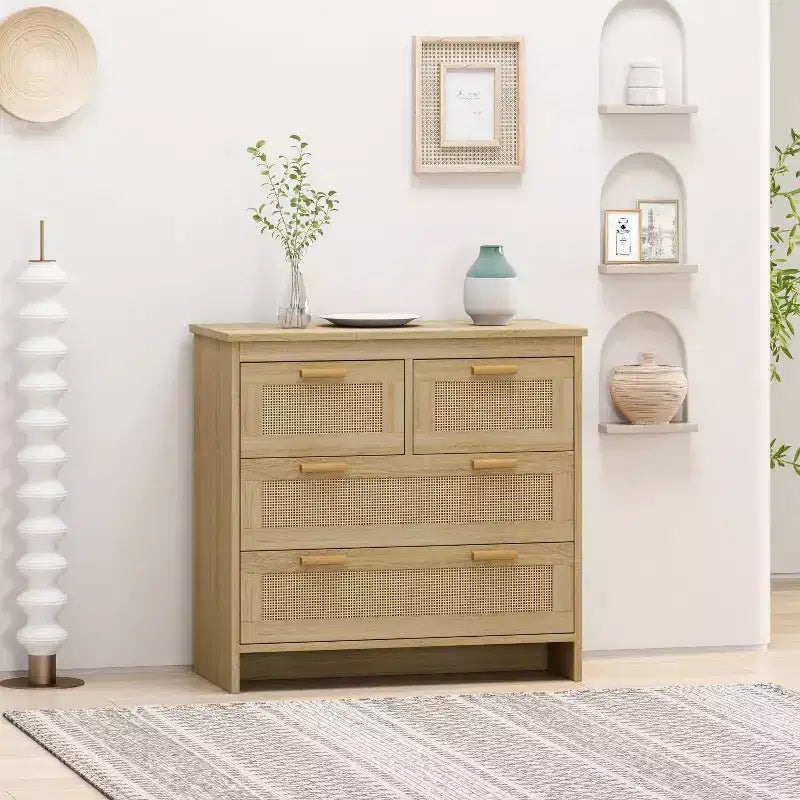 4-Drawer Rattan Dresser, Storage Cabinet with Cane Drawer Fronts, Horizontal Chest for Bedroom, Living Room, Dining Room & Hallway - Panipeachy