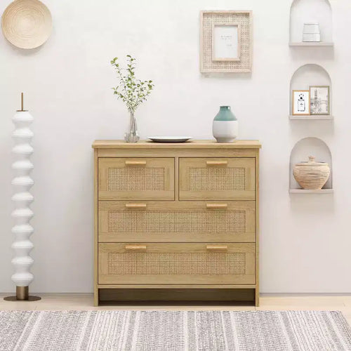 4-Drawer Rattan Dresser, Storage Cabinet with Cane Drawer Fronts, Horizontal Chest