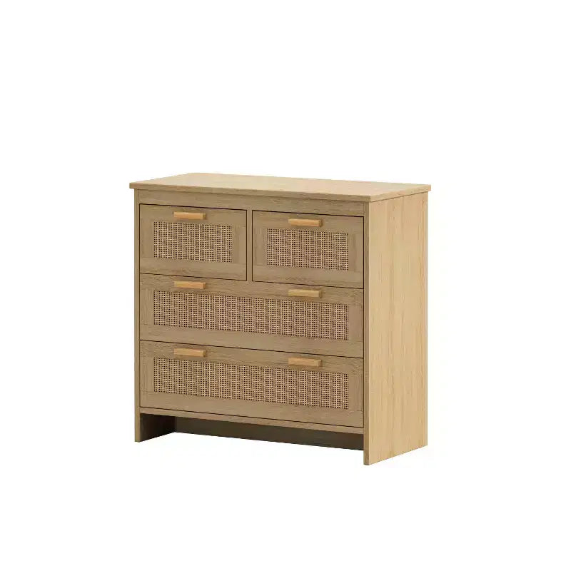 Commode à 4 tiroirs en rotin, meuble de rangement avec façades de tiroirs en cannage, commode horizontale