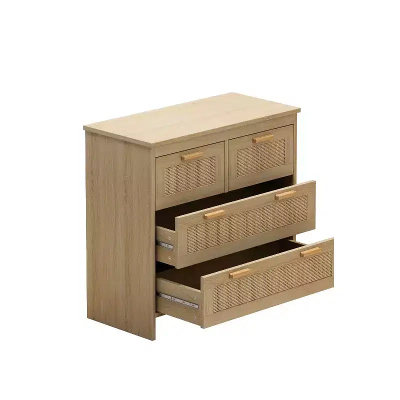 Commode à 4 tiroirs en rotin, meuble de rangement avec façades de tiroirs en cannage, commode horizontale