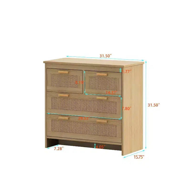 Commode à 4 tiroirs en rotin, meuble de rangement avec façades de tiroirs en cannage, commode horizontale