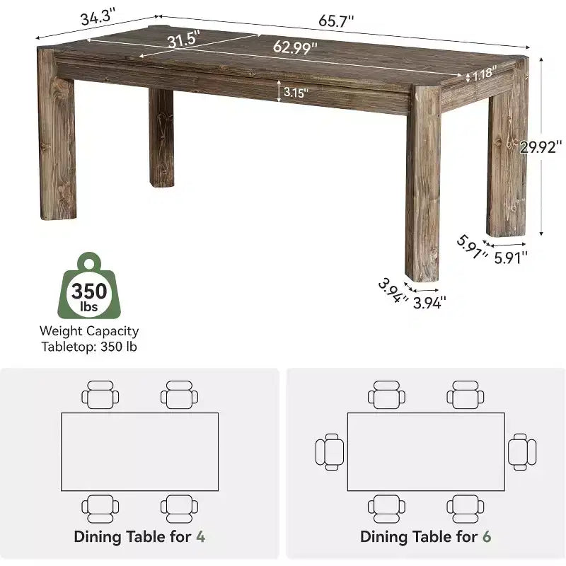 Table à manger en bois massif Table de cuisine rustique avec pieds robustes