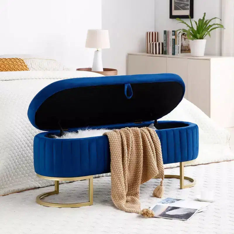 Banc de rangement ottoman ovale rembourré pour entrée, banc de rangement bout de lit