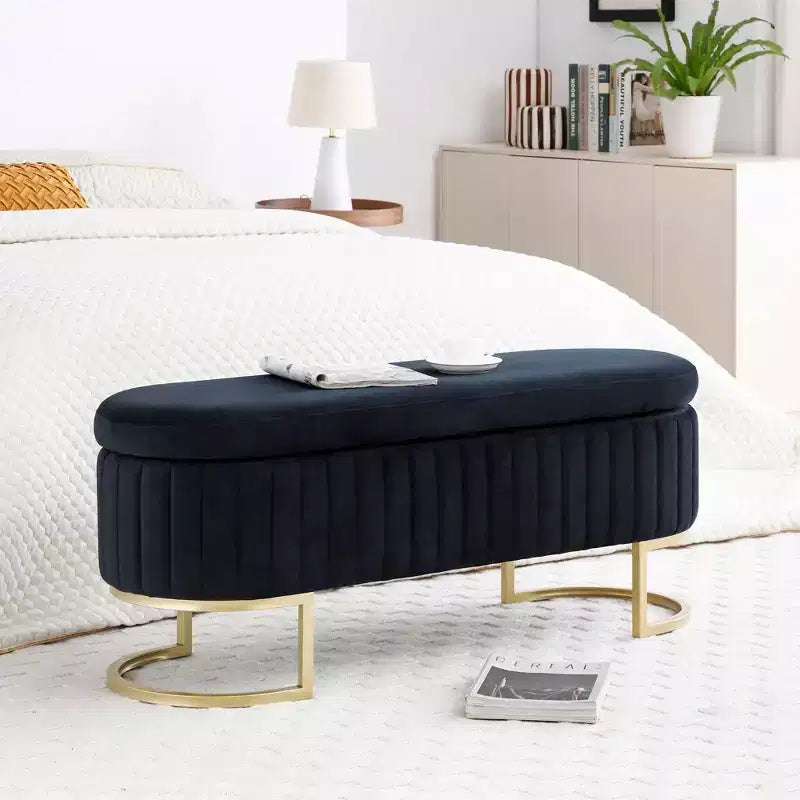 Banc de rangement ottoman ovale rembourré pour entrée, banc de rangement bout de lit