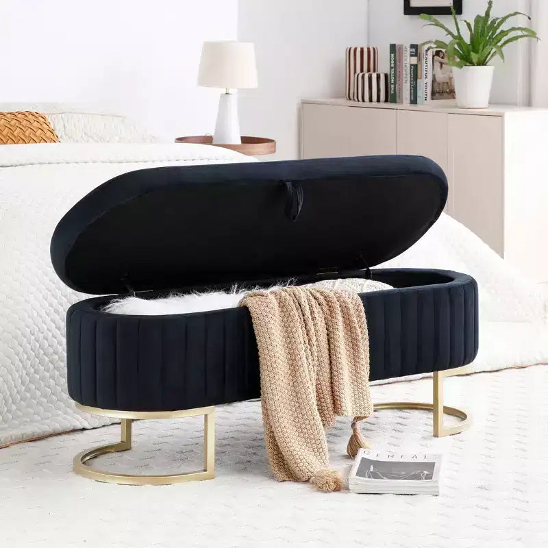 Banc de rangement ottoman ovale rembourré pour entrée, banc de rangement bout de lit
