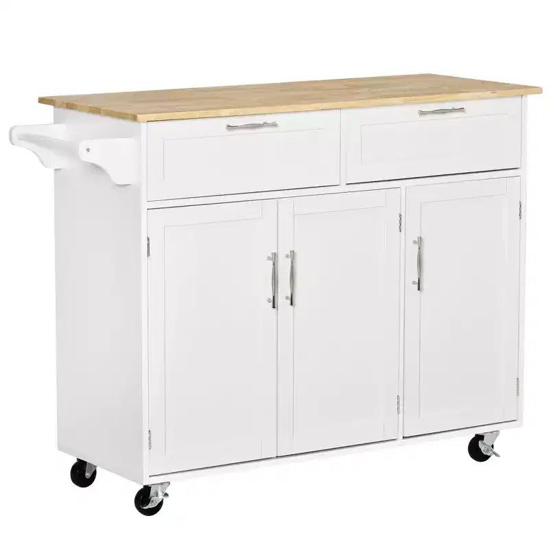 FAMYYT White Natural Wood Top 18 in. Kitchen Island with 2-Storage Cabinets, 2-Drawers, and 4-Lockable Wheels
