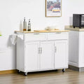 Îlot de cuisine blanc avec plateau en bois naturel et 4 roulettes verrouillables