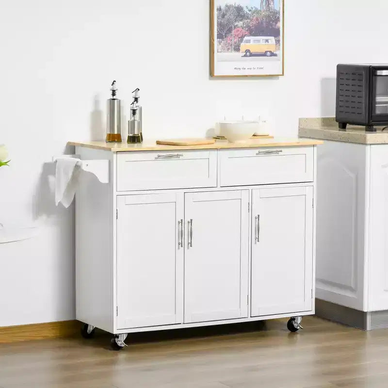 Îlot de cuisine blanc avec plateau en bois naturel et 4 roulettes verrouillables