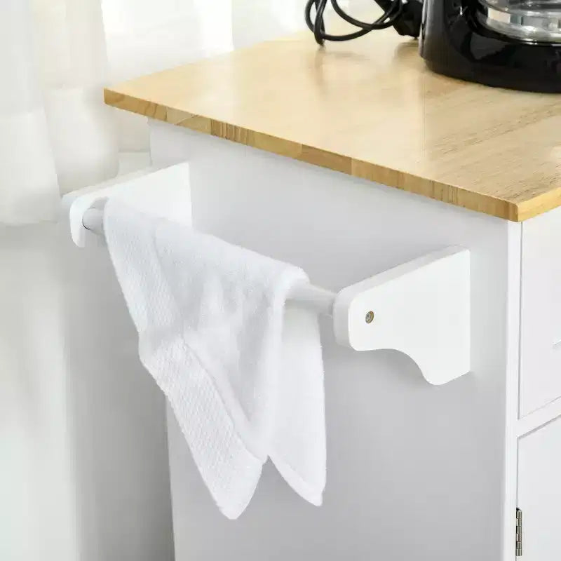 Îlot de cuisine blanc avec plateau en bois naturel et 4 roulettes verrouillables
