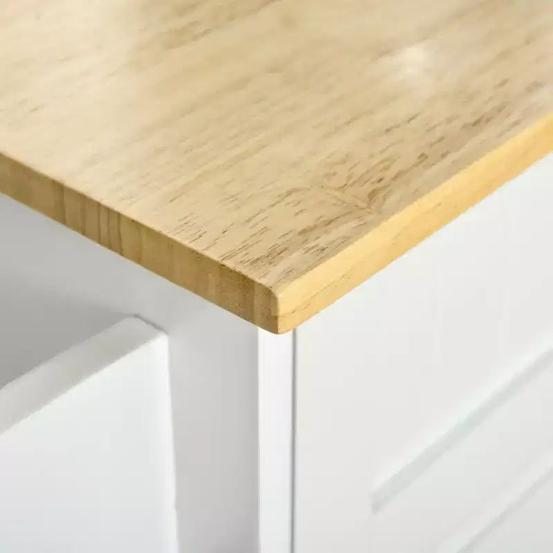 Îlot de cuisine blanc avec plateau en bois naturel et 4 roulettes verrouillables