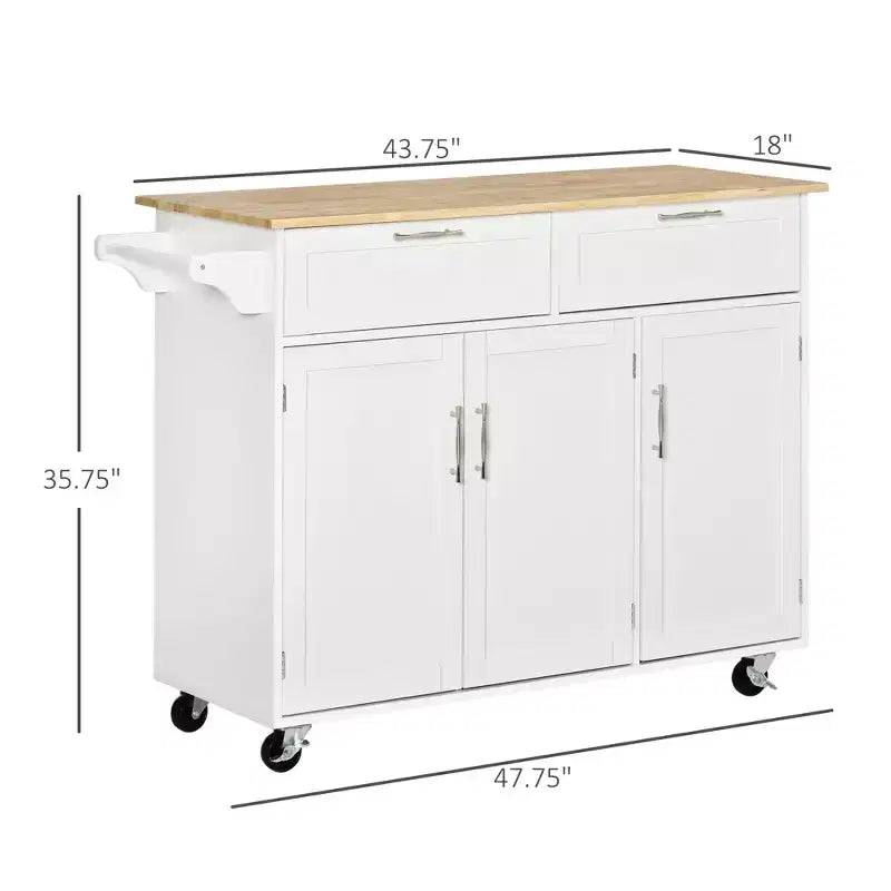 Îlot de cuisine blanc avec plateau en bois naturel et 4 roulettes verrouillables