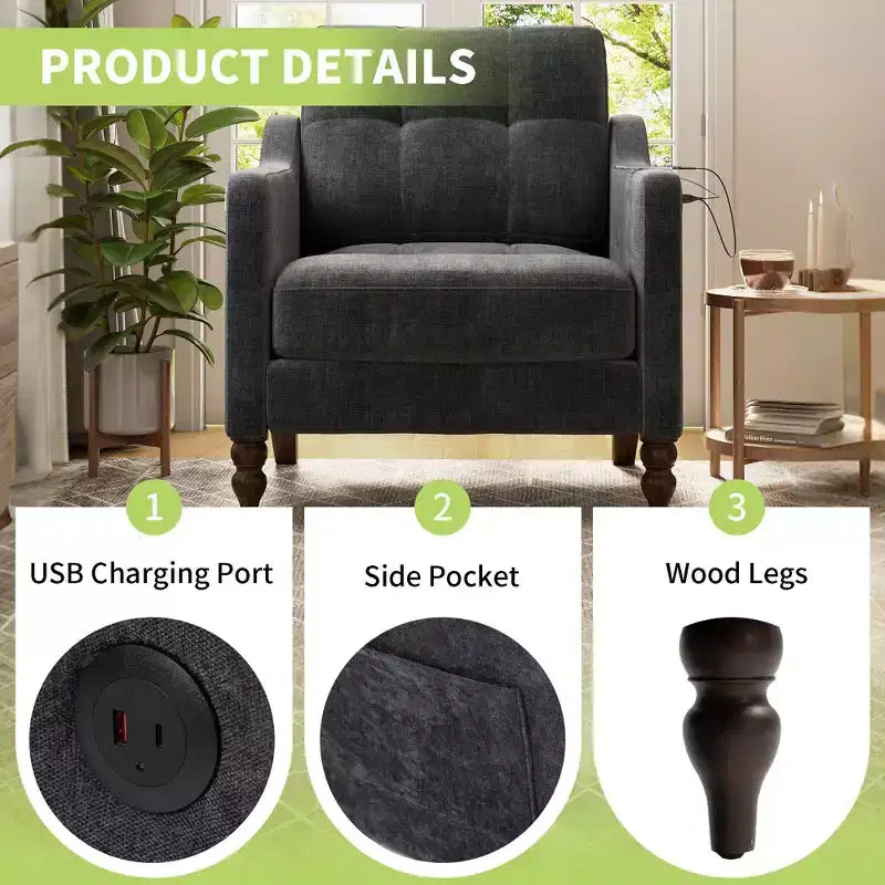 Fauteuil d'appoint moderne, Fauteuil ergonomique en chenille avec pieds en bois, Chaise longue