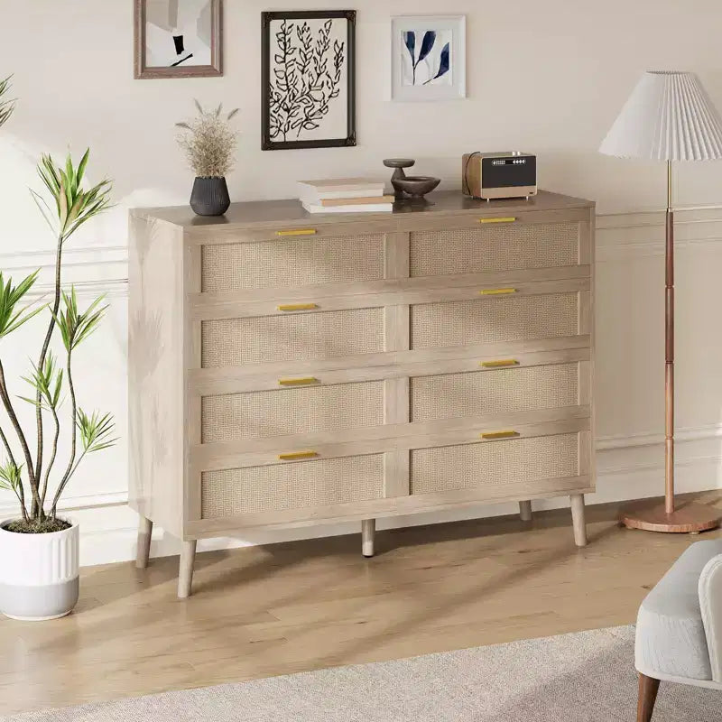 COZONY 8-Drawer Rattan Dresser w/ Gold Handles Farmhouse Wooden Chest of Drawers for Bedroom, Living Room, Entryway & Hallway