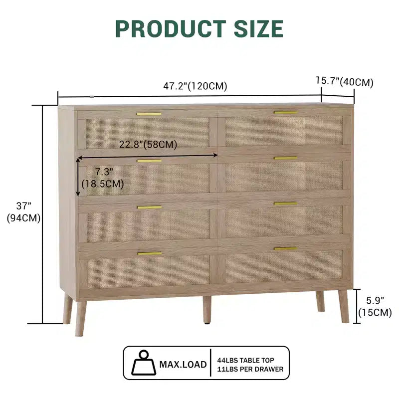 Commode à 8 tiroirs en rotin, commode en bois de style ferme