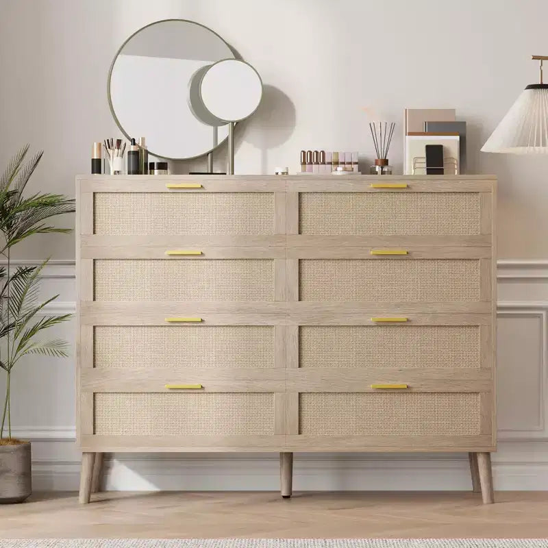 Commode à 8 tiroirs en rotin, commode en bois de style ferme