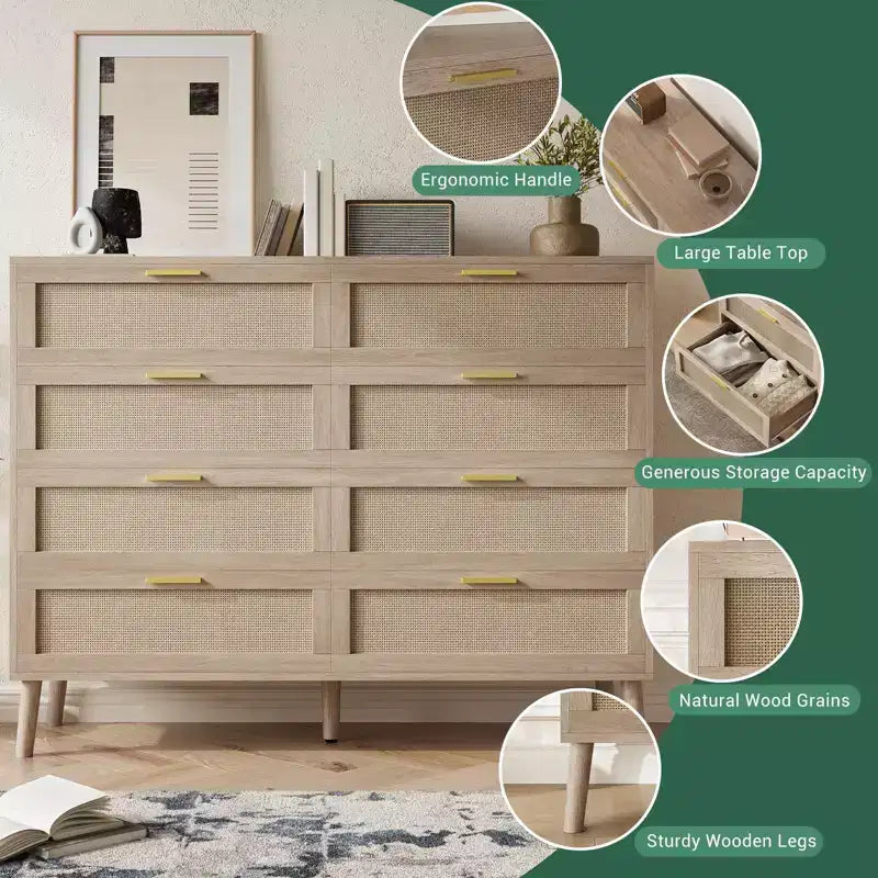 Commode à 8 tiroirs en rotin, commode en bois de style ferme