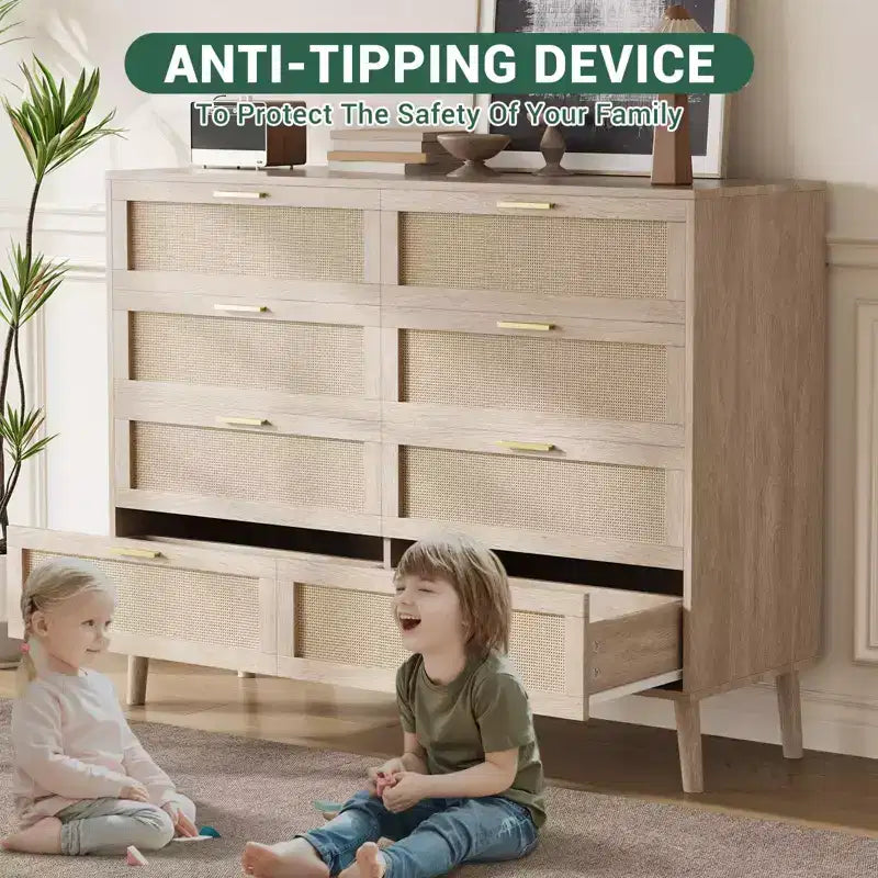 Commode à 8 tiroirs en rotin, commode en bois de style ferme