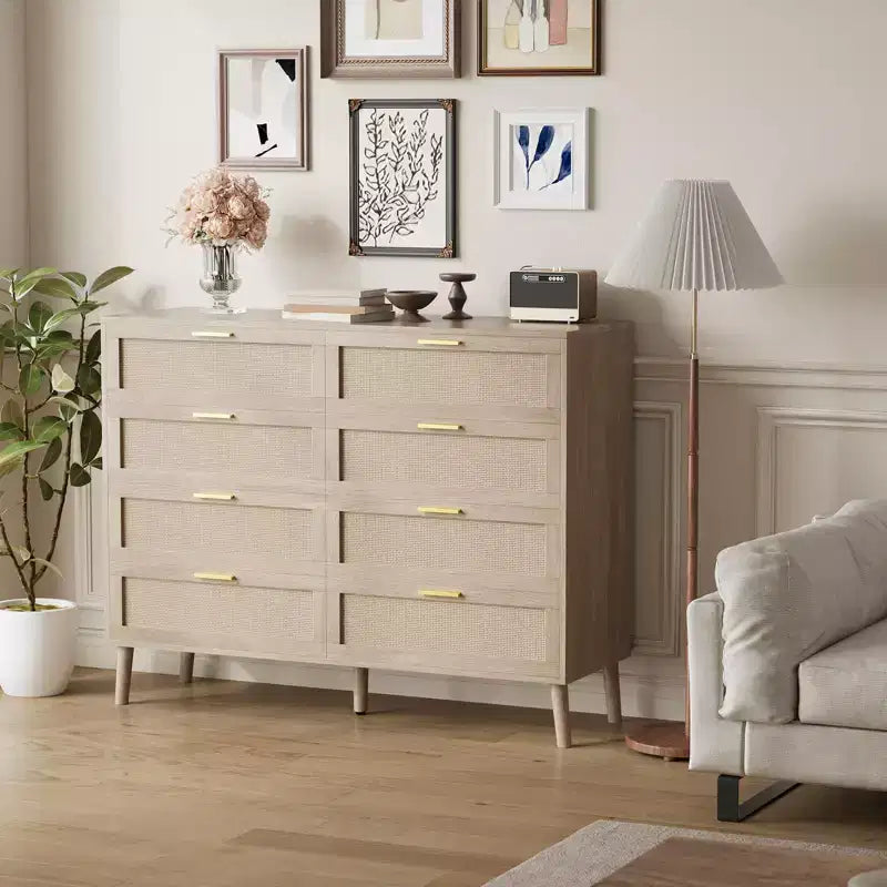 Commode à 8 tiroirs en rotin, commode en bois de style ferme