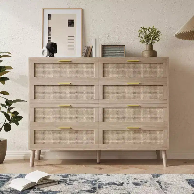 Commode à 8 tiroirs en rotin, commode en bois de style ferme