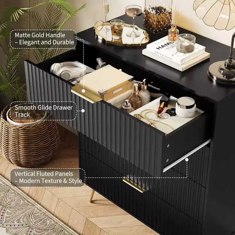 Commode cannelée à 4 tiroirs, buffet en bois moderne avec poignées en métal
