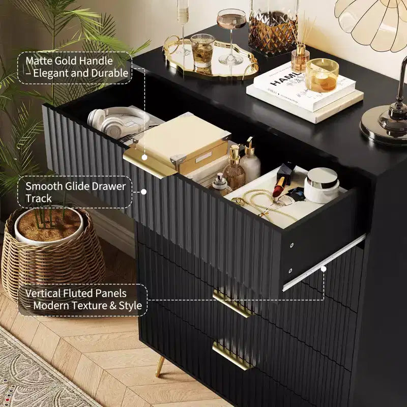 Commode cannelée à 4 tiroirs, buffet en bois moderne avec poignées en métal