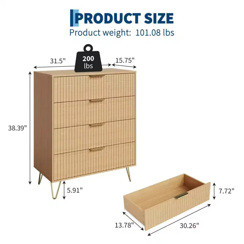 Fluted Dresser with 4 Drawers, Modern Wooden Chest with Metal Handles