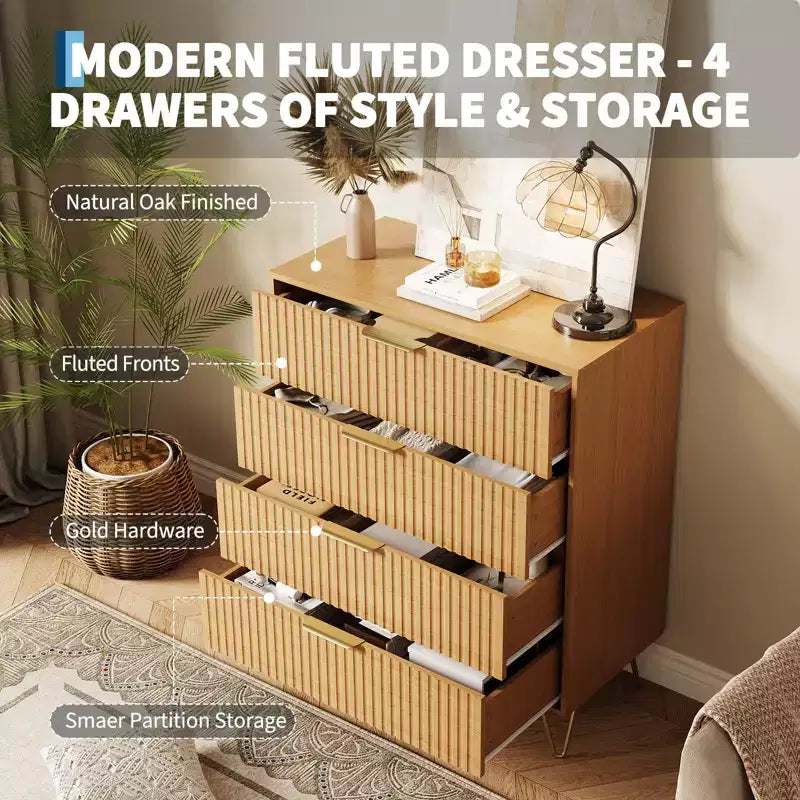 Commode cannelée à 4 tiroirs, buffet en bois moderne avec poignées en métal