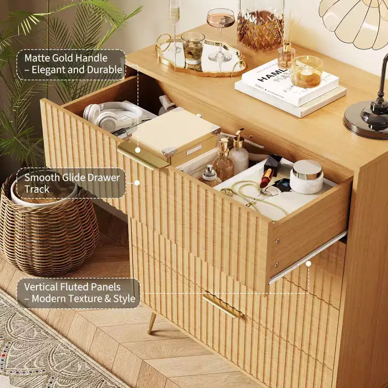 Commode cannelée à 4 tiroirs, buffet en bois moderne avec poignées en métal