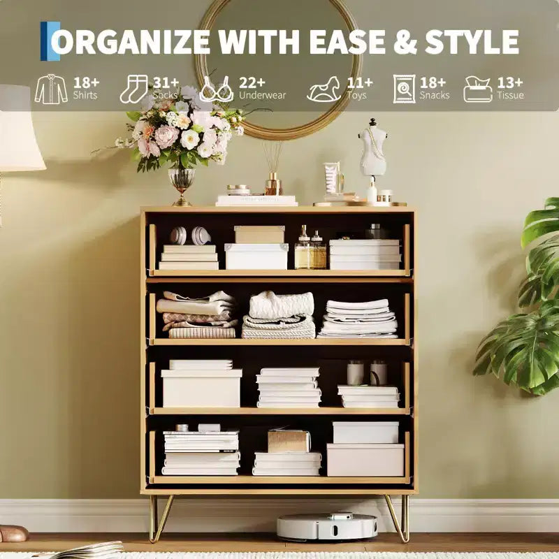 Fluted Dresser with 4 Drawers, Modern Wooden Chest with Metal Handles