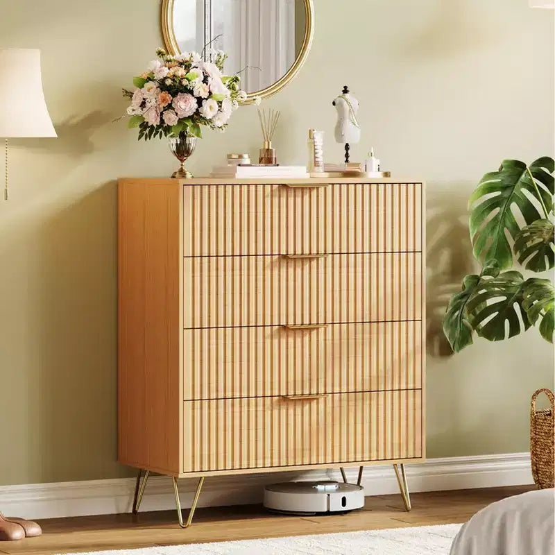Commode cannelée à 4 tiroirs, buffet en bois moderne avec poignées en métal