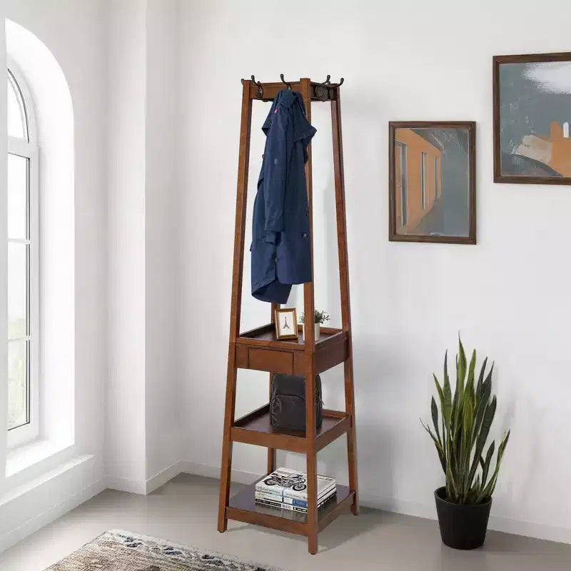 Porte-manteau sur pied en bois avec 3 étagères de rangement et un tiroir, portemanteau d'entrée robuste