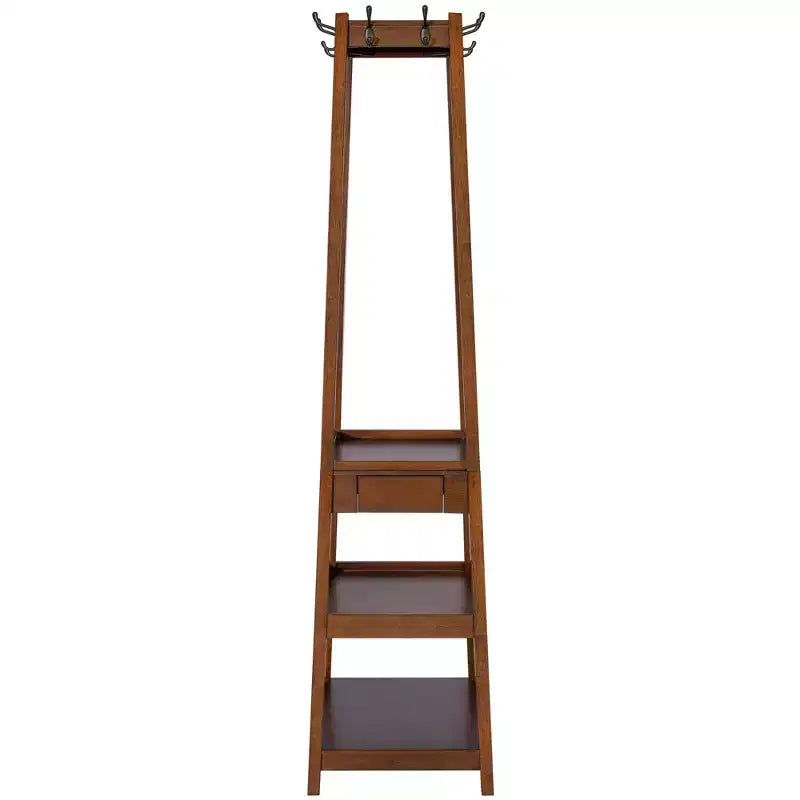 Porte-manteau sur pied en bois avec 3 étagères de rangement et un tiroir, portemanteau d'entrée robuste