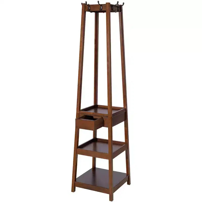 Porte-manteau sur pied en bois avec 3 étagères de rangement et un tiroir, portemanteau d'entrée robuste
