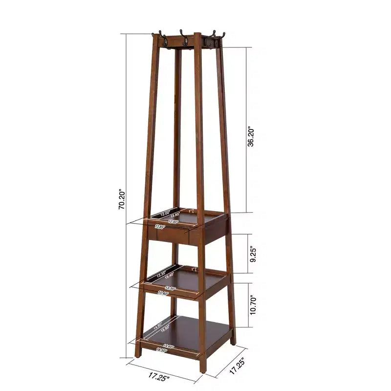 Porte-manteau sur pied en bois avec 3 étagères de rangement et un tiroir, portemanteau d'entrée robuste