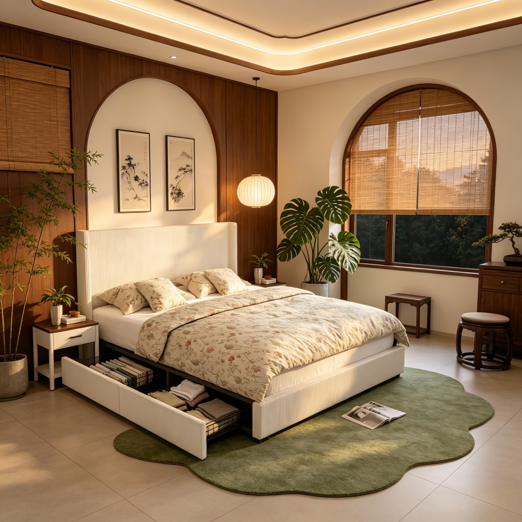 Bed Frame with Storage Drawers, Corduroy Upholstered Platform